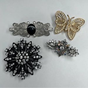 RHINESTONE BROOCHES PINS BLACK SILVER GOLD BUTTERFLY PREMIER PENDANT LOT OF 4